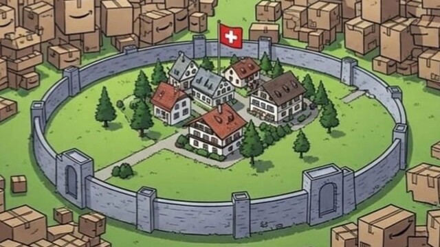 La Suisse, un pays peuplé d'irréductibles Helvètes&nbsp;qui résiste encore et toujours à Amazon. [SRF/image IA générée avec Gemini]